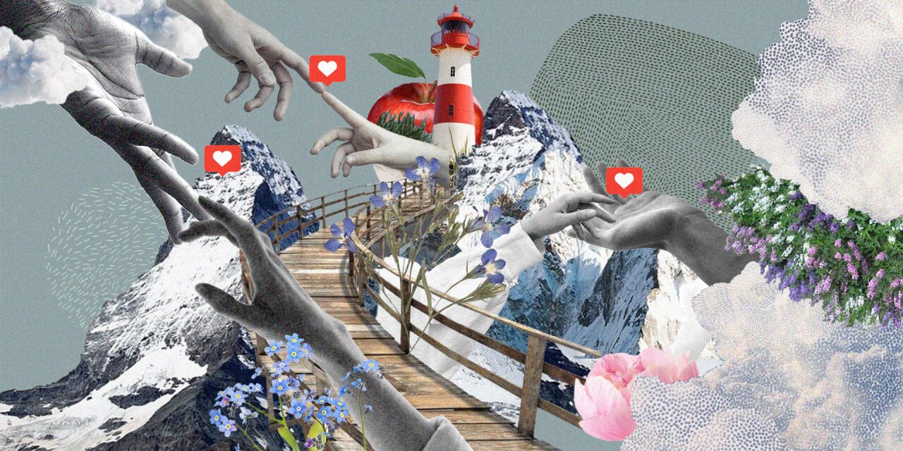 Collage: Berge, Herzen, Leuchtturm, Apfel, Brücke